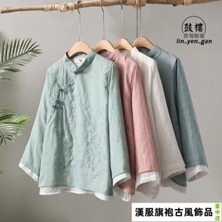 【臺中店】大尺碼女裝 改良漢服 復古刺繡盤扣麻棉襯衫女2023春新款中式禪意茶服寬鬆拼接圓領上衣 茶服