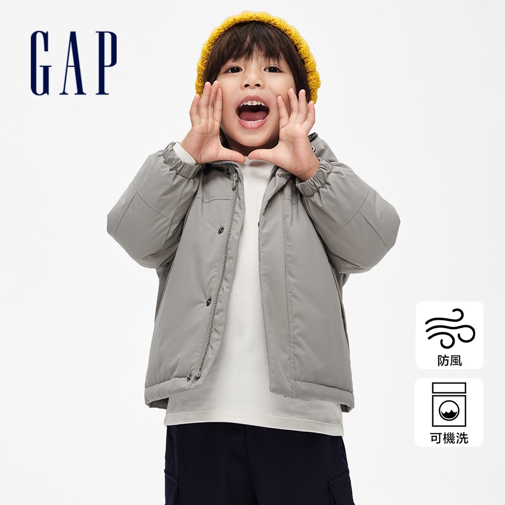 Gap 男幼童裝 Logo防風連帽羽絨外套-灰色(836582)