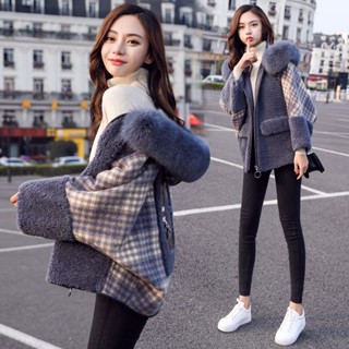 羊羔毛外套❤️女裝 羊羔毛絨外套秋裝新版時尚加厚毛呢小個子寬鬆格子冬季外套女 韓國小香風外套 羊羔絨外套 YLQC