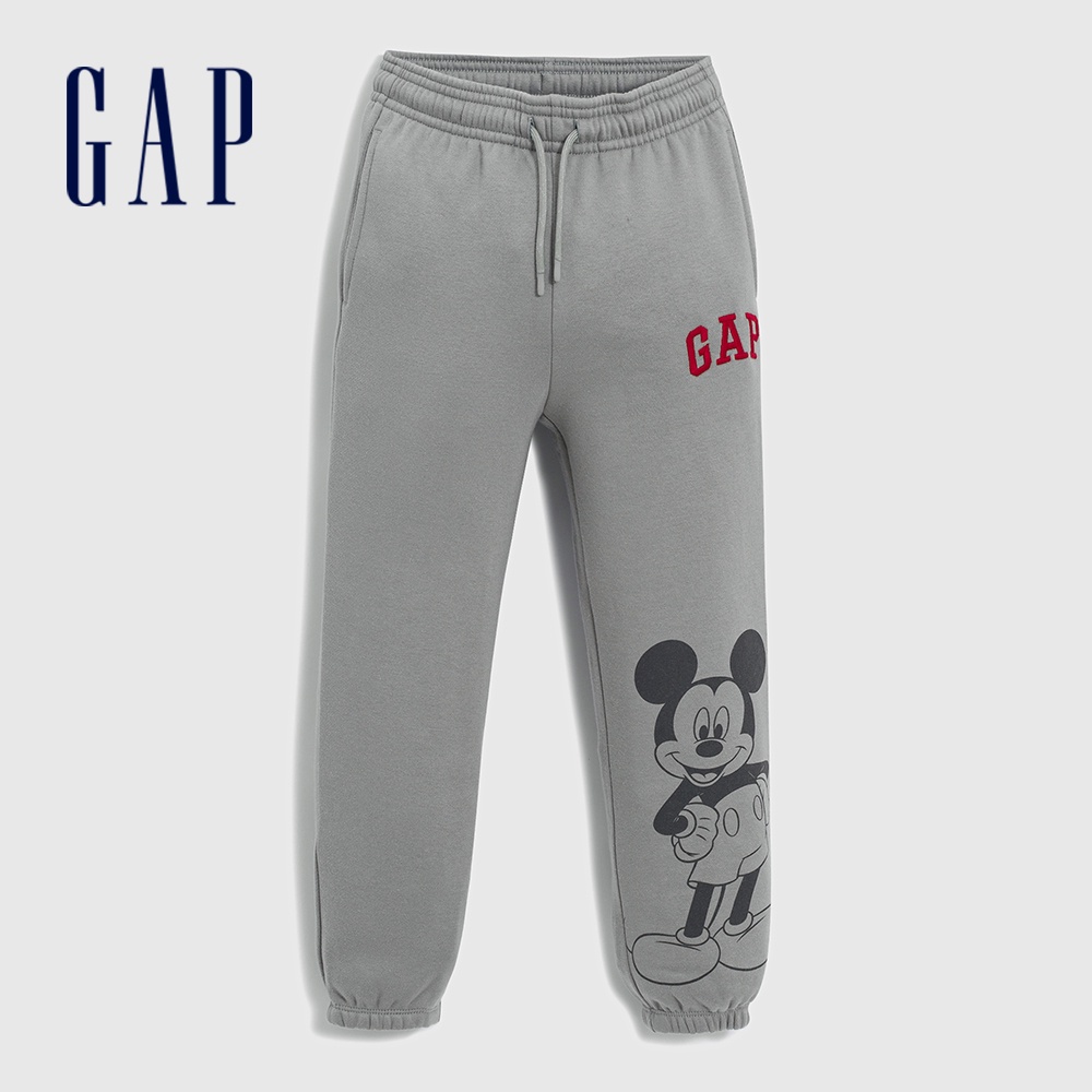 Gap 男幼童裝 Gap x Disney迪士尼聯名 Logo印花刷毛抽繩束口鬆緊棉褲-灰色(829983)