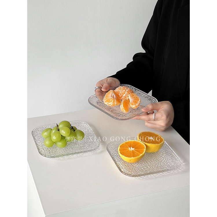 ins冰凝玻璃盤 透明方形盤子客廳家用菜盤創意點心碟水果盤甜品盤