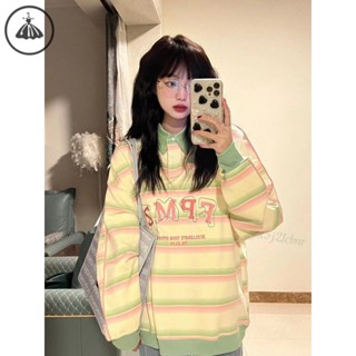 早秋新品 保暖穿搭 衛衣 外套 上衣 秋季新款撞色條紋polo衫衛衣女正肩甜妹妹學院風寬鬆長袖上衣