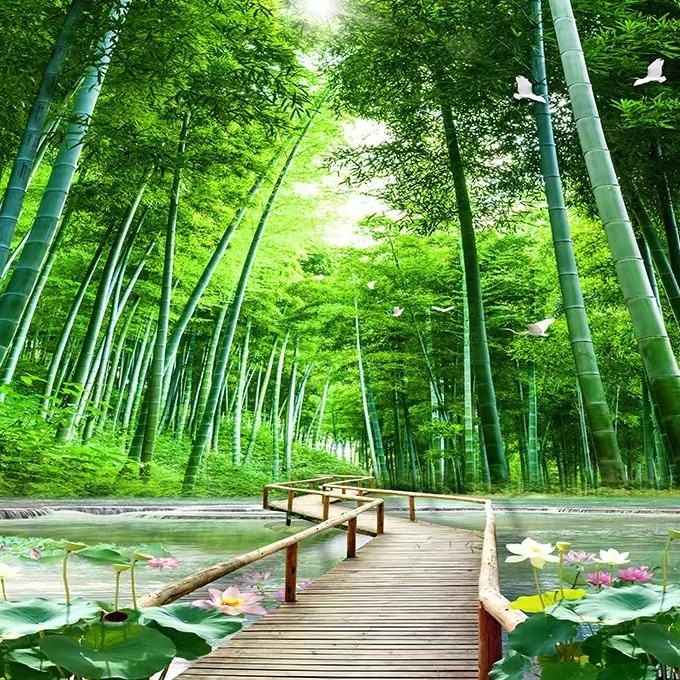 綠色竹林竹子客廳臥室墻貼壁畫護眼竹林小路裝飾畫壁紙自然風景畫