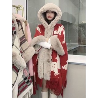 ✨披肩鬥篷女✨新店特價 新年戰袍 一體加絨加厚 披肩外套 設計感毛茸茸 慵懶風 聖誕鬥篷外套女 披肩斗篷外套