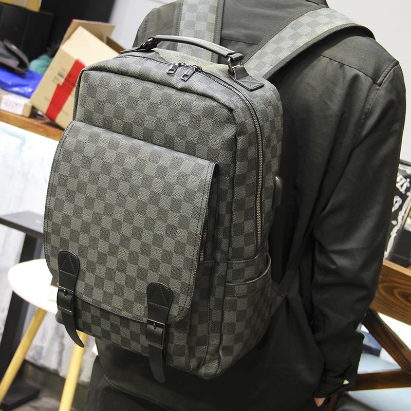 韓版男包格子書包USB充電接口電腦背包 青年大容量雙肩包旅行背包