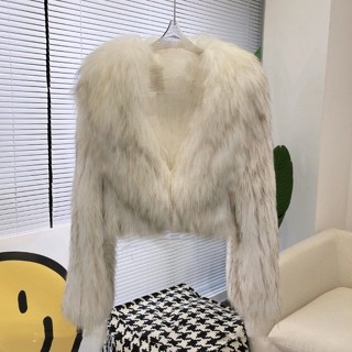 水貂毛外套 兔毛外套 仿水貂毛外套 絨毛外套韓國 冬季皮草外套女新款大翻領短版性感高腰海軍領環保狐狸毛網