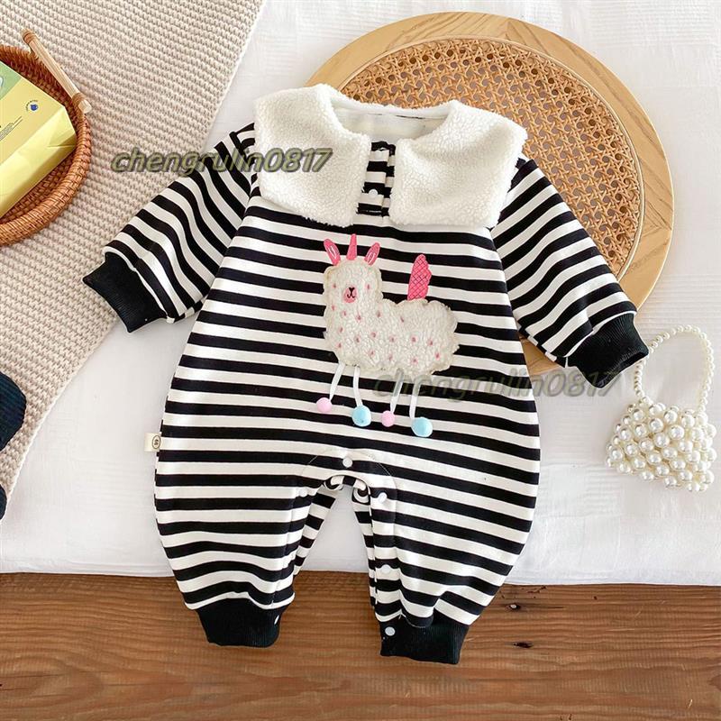 嬰兒服飾 嬰兒刷毛爬服0-2歲冬季男女寶寶可愛小羊條紋保暖連身衣