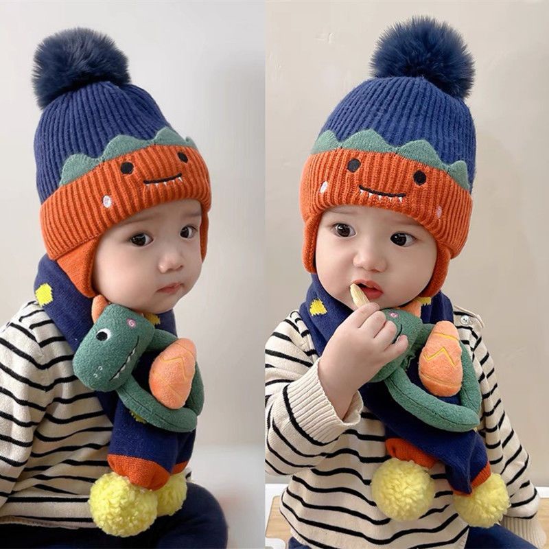 寶寶帽子秋冬可愛嬰兒毛綫帽圍巾套裝冬天男女童帽保暖兒童套頭帽