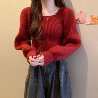 SY法式方領上衣紅色長袖毛衣女洋氣內搭秋冬新款針織長袖打底衫設計感小眾泡泡袖上衣