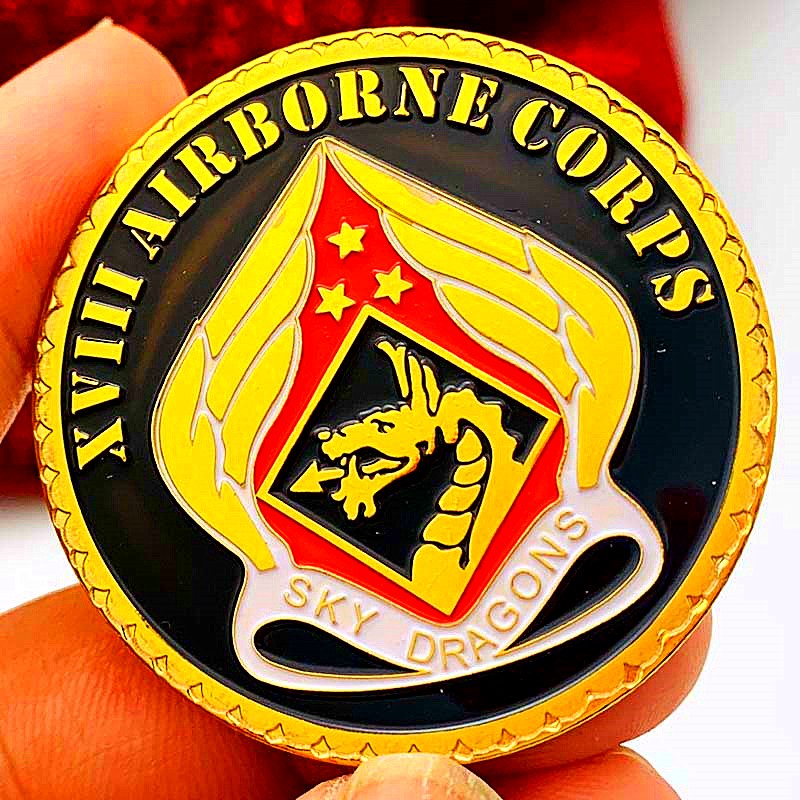 美國第十八空降軍天龍機載兵團鍍金紀念章 把玩金幣硬幣紀念幣