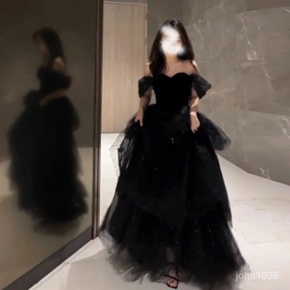 免運🔥 顯瘦 伴娘裙 婚禮晚禮服 婚禮洋裝 宴會洋裝 韓式禮服黑色晚禮服裙2023新款輕奢高階一字肩高級感成人禮畢業