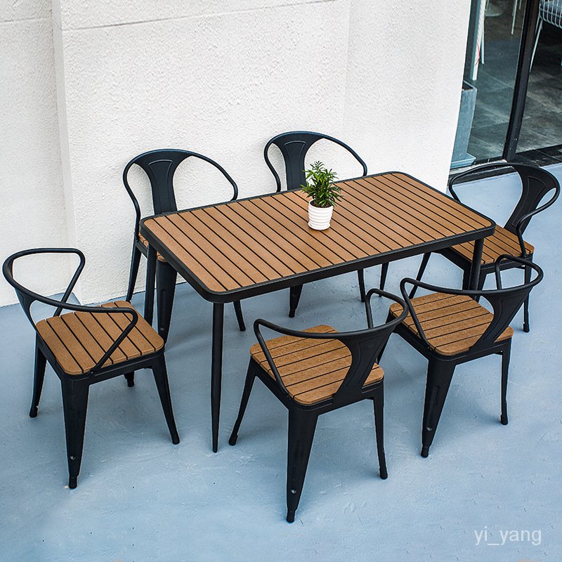 塑木奶茶店咖啡成套戶外桌椅工業風露天室外椅子餐廳休閒鐵藝桌子