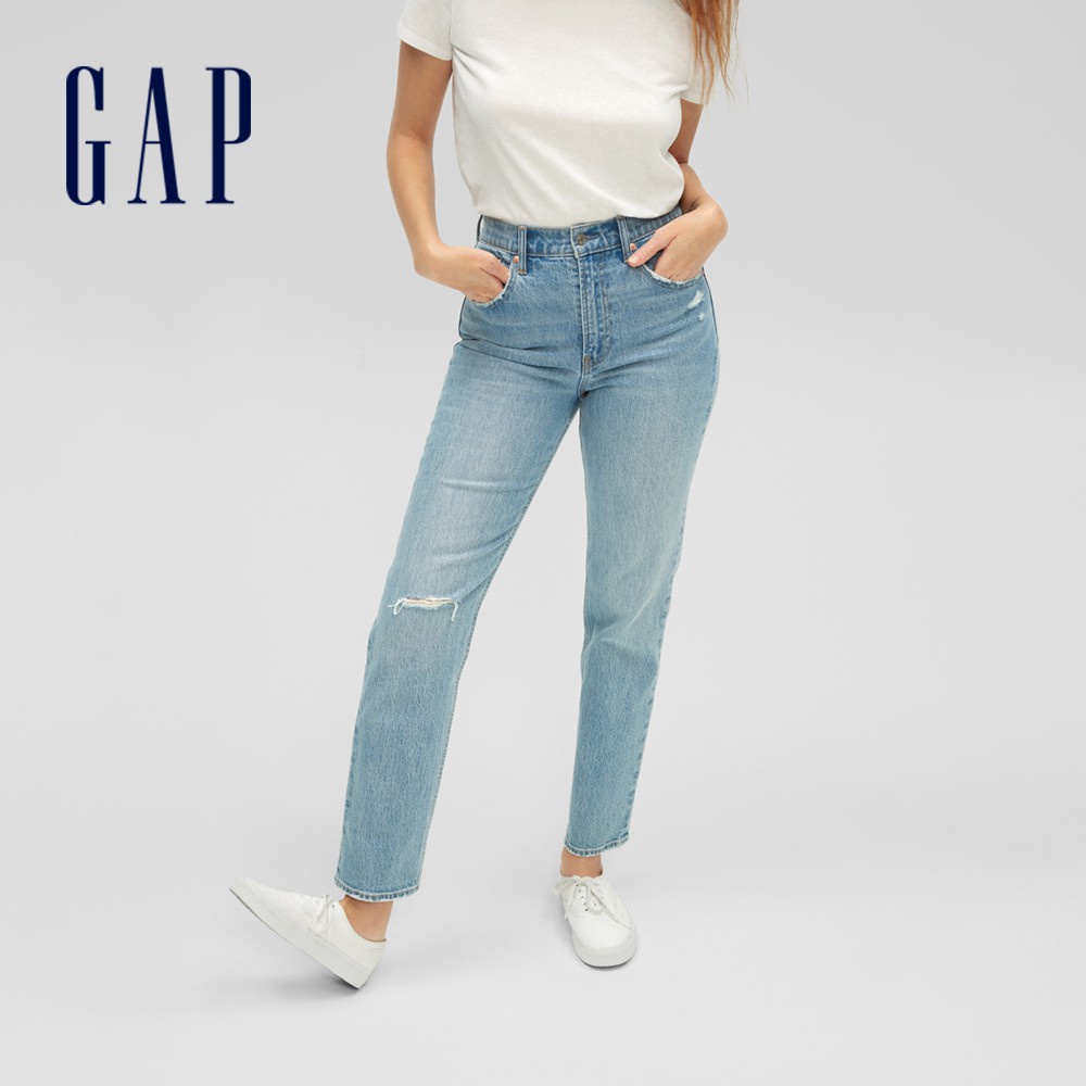 Gap 女裝 做舊超高腰破洞牛仔褲-水洗藍(600455)
