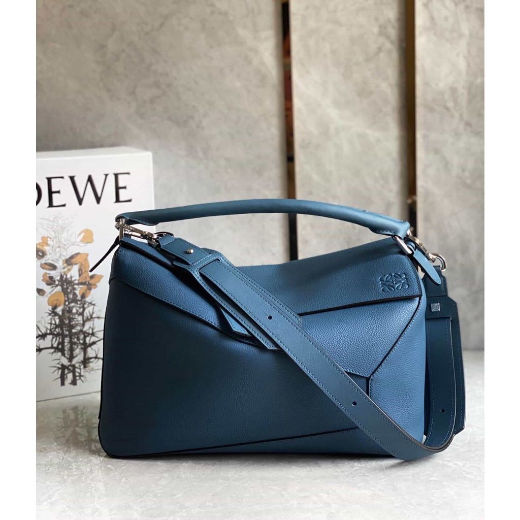 二手LOEWE 最新款荔枝紋藍色牛皮Puzzle bag幾何包 0532大號36.5CM