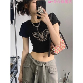 ✨臺灣直售✨辣妹純欲風蝴蝶印花短袖T恤女夏新款修身露臍打底衫上衣ins潮上衣女秋 寬鬆 大尺碼 長版 韓版 上衣