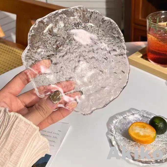 2024新品ins風冰川玻璃早餐碟水果盤創意網紅醬料碟子點心碟子玻璃透明小碟子首飾收納盤茶杯墊拍照道具