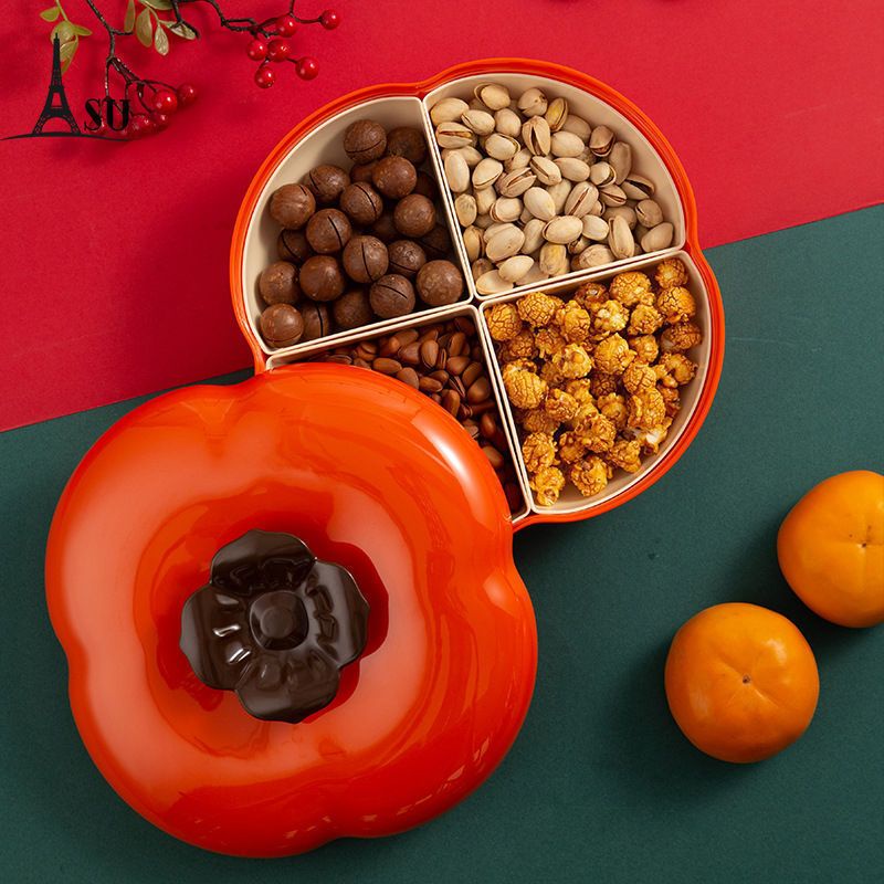 過年糖果盤 分格果盤 分格糖果盒 果盒 糖果盒 乾果盤 果盤 新年過年柿子柿柿如意果盤家用干果堅果茶幾糖果盒帶蓋分格客廳
