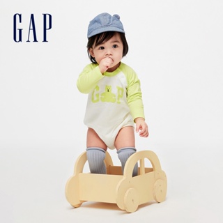Gap 嬰兒裝 Logo純棉小熊印花圓領長袖包屁衣-白黃撞色(890310)