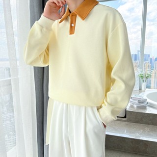 港風長袖打底衫男|大尺碼100公斤男POLO衫|簡約韓版上衣|重磅POLO領衛衣男|ins撞色衫|秋冬套頭襯衫領上衣