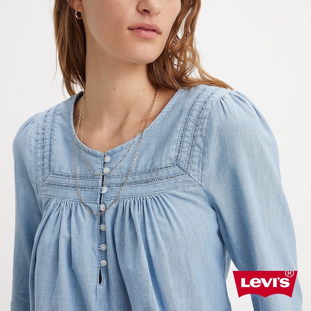 Levis 半開襟圓領襯衫 / 寬鬆抓皺設計 女款 A7617-0001 熱賣單品
