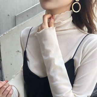 麗莎大碼女裝長袖 上衣T恤女修身高領內搭長袖蕾絲打底衫女薄款網紗上衣春秋白色木耳邊T恤潮
