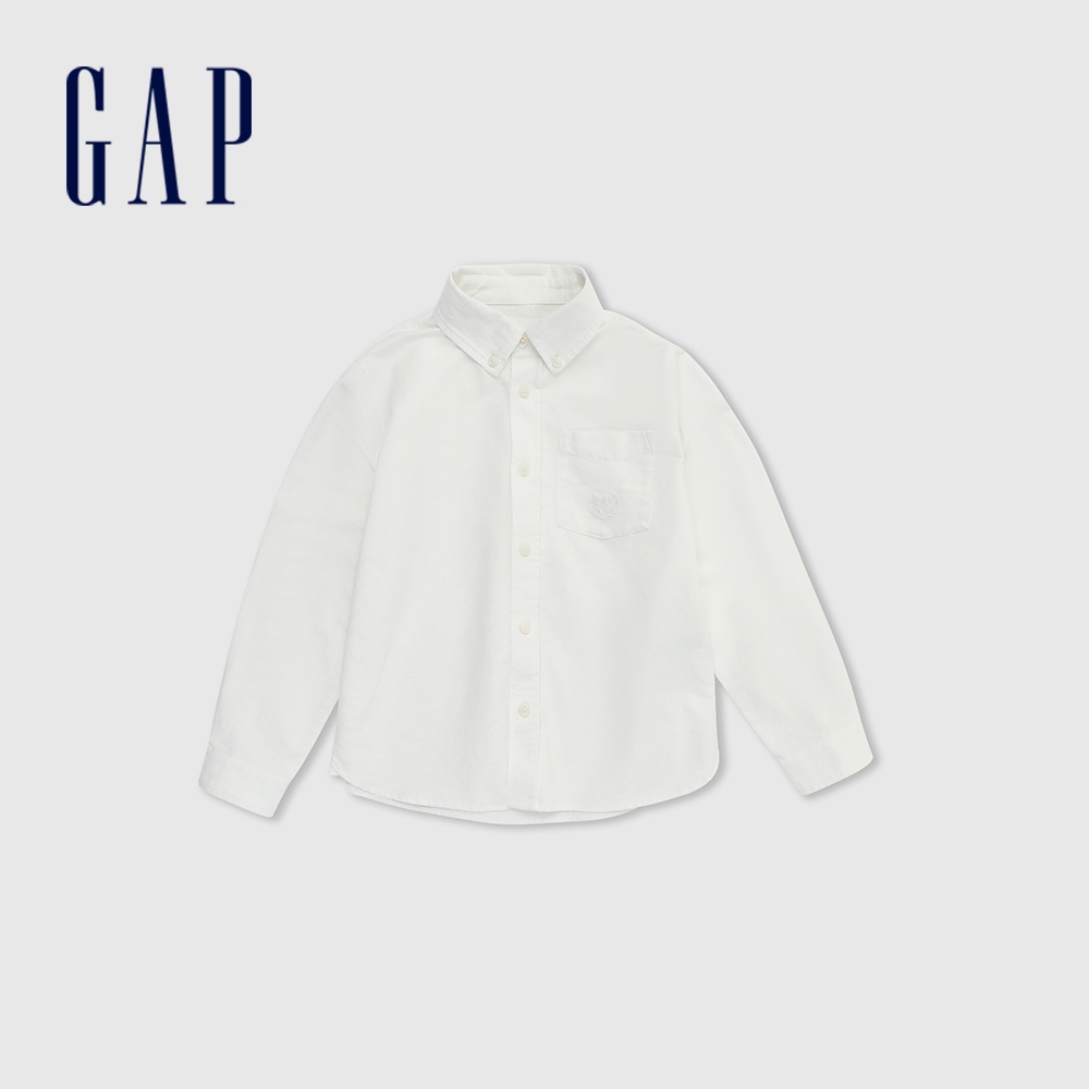 Gap 男童裝 Logo純棉印花翻領長袖襯衫-白色(890213)