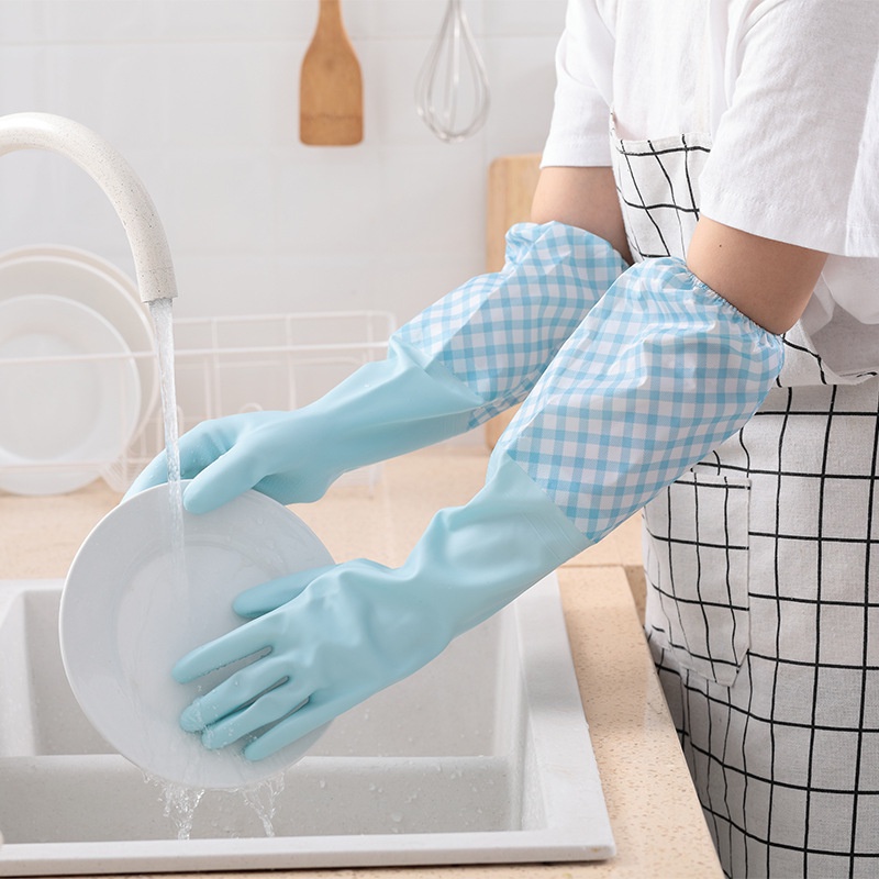 洗碗手套加長橡膠清潔花袖隨機束口加絨加厚乳膠手套女洗衣服手套