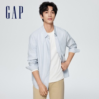 Gap 男裝 Logo純棉翻領長袖襯衫-藍白條紋(891052)