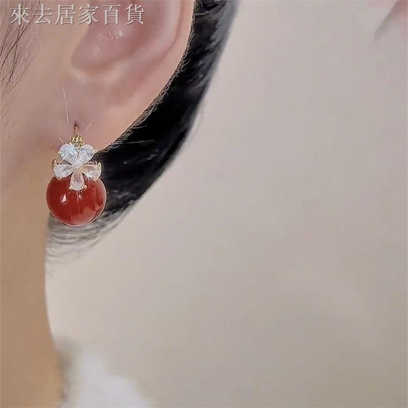 ►⊕▽過年紅色珍珠鋯石花朵耳扣精致耳環女氣質時尚高級感網紅爆款耳飾