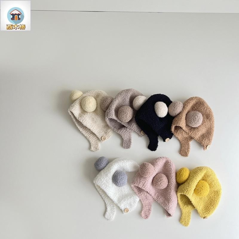 西木格 ✨ 2024新款韓版嬰兒帽子 雙球寶寶韓國秋冬毛絨帽雙球嬰幼兒柔軟針織帽可愛寶寶護耳帽新年過年衣服
