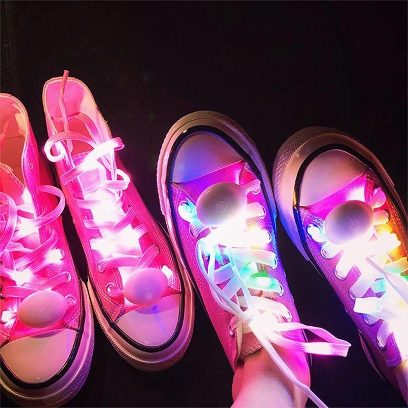 夏季潮LED 髮光閃光熒光鞋帶七彩光夜光百搭帆佈鞋帶粉色夜跑鞋帶