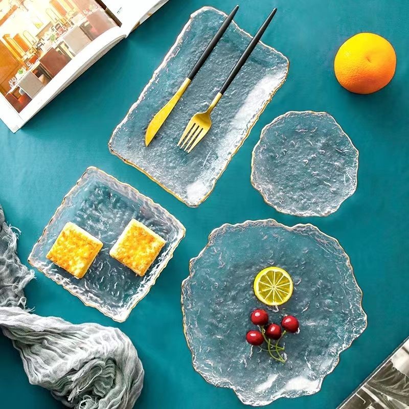 日式錘紋玻璃盤粉藍色透明冰露質感碟盤子點心盤壽司盤甜品方心盤