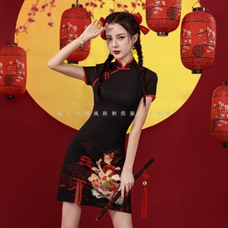【中國風服飾】改良式旗袍 國潮旗袍 洋裝 短旗袍 2023年新款年輕款少女改良版 夏季黑色短款炸街中國風女裝