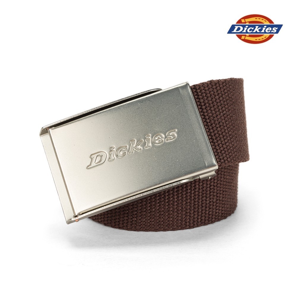 Dickies男女款咖啡色金屬Logo壓印帶扣式腰帶|DK012231D71