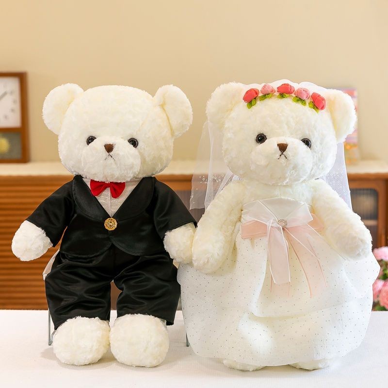 🧸熱銷 婚紗情侶熊壓床娃娃一對泰迪熊毛絨玩具高檔婚房娃娃抱枕婚慶禮物