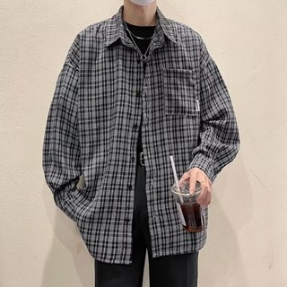 韓版帥氣個性長袖格子襯衫 百搭格子口袋襯衫 韓版翻領襯衫休閒學院風襯衣長袖 正韓上衣 男生衣著（KZ368）【壹號站】
