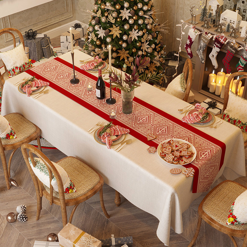 聖誕 桌旗 輕奢 高端 新年 桌布 中間 長條 茶旗 餐桌 佈置 裝飾 過年 紅色 套裝