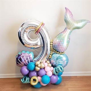 【現貨熱銷】【2024新款】32inch數字美人魚氣球套裝 貝殼鋁箔氣球 兒童生日派對裝飾 嬰兒沐浴禮派對用品 海洋主題
