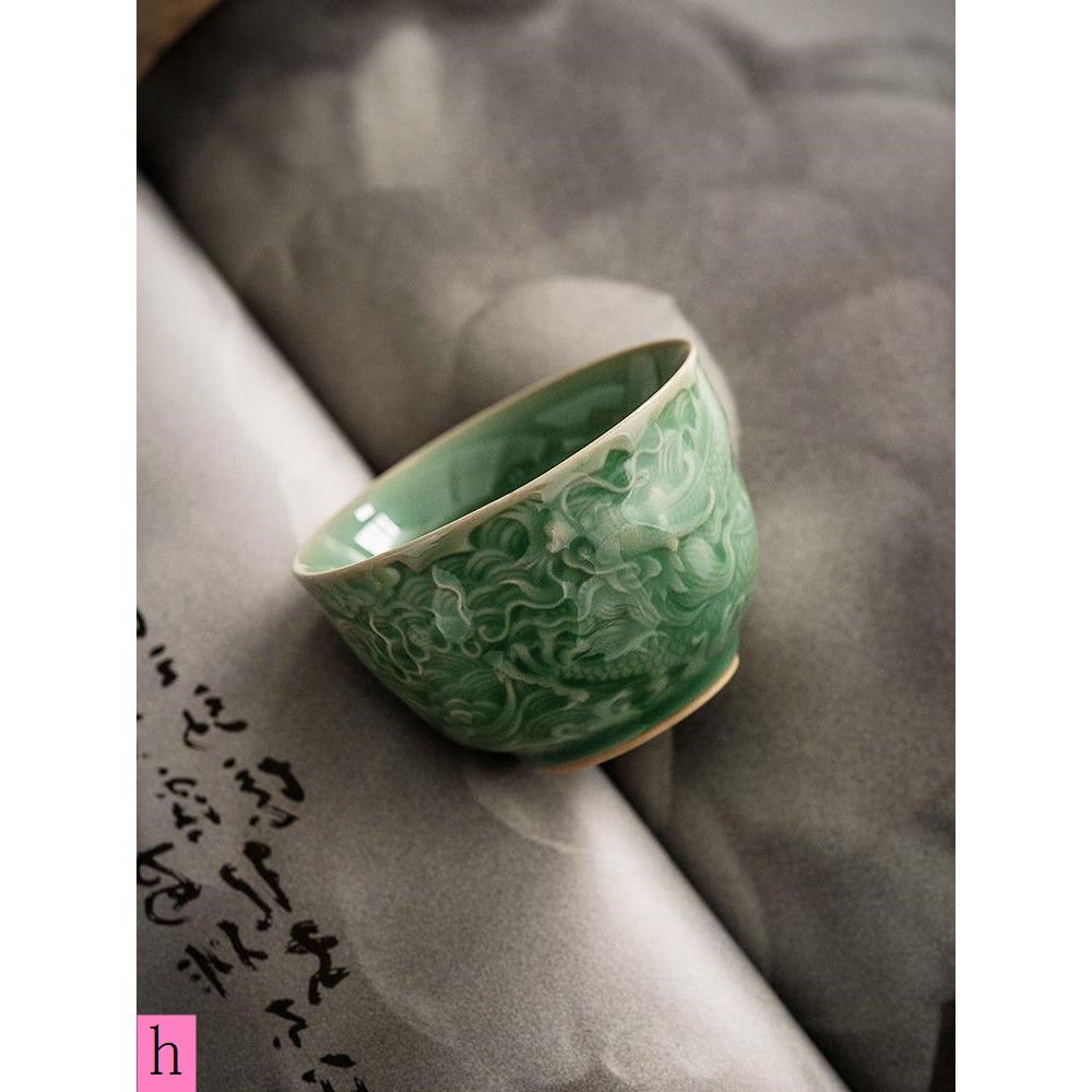青花瓷茶杯景德鎮陶瓷器手工雕刻龍紋青瓷品茗杯茶杯主人杯個人杯單杯茶具