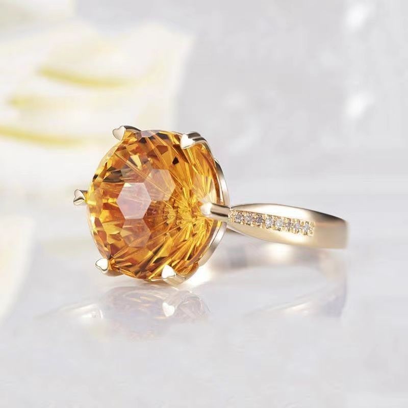&lt;現貨下單&gt;巴西二代黃水晶戒指女鍍銀玫瑰金鑲嵌鑽石黃色寶石指環氣質女