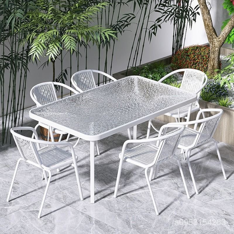 [免運保固]戶外庭院桌椅休閒茶桌椅組閤白色鋼化玻璃折疊桌傢用簡約餐桌茶幾