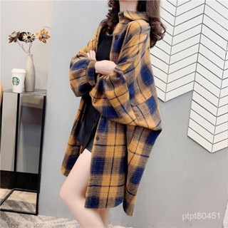 【胖丫女裝】大尺碼女裝 女裝 襯衫 長袖襯衫格子襯衫女長款外套潮ins春季新款寬鬆磨毛複古港味長袖外套