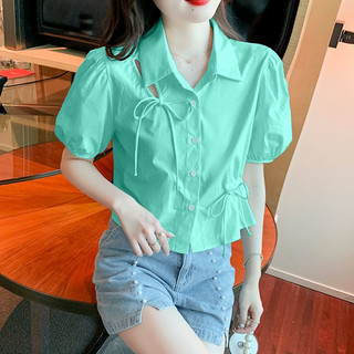 SY短袖上衣泡泡袖襯衫蝴蝶結襯衫女夏新款設計感小眾心機抽繩短款襯衫百搭上衣