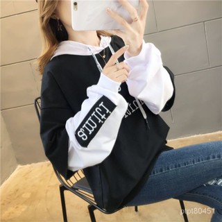 【胖丫女裝】大尺碼女裝 女裝 帽T 女裝假兩件學生春秋新款薄款寬鬆慵懶風長袖上衣連帽刺繡衛衣女潮ins
