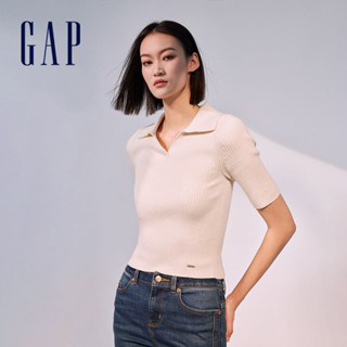 Gap 女裝 翻領短袖針織衫 絨感針織系列-米色(406285)