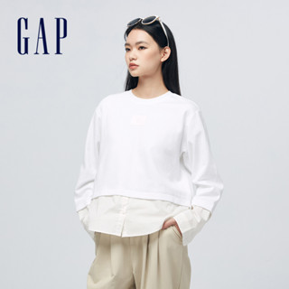 Gap 女裝 Logo假兩件圓領長袖T恤-白色(452253)