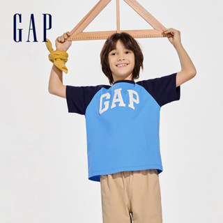Gap 兒童裝 Logo/小熊印花純棉圓領短袖T恤-藍色撞色(890474)