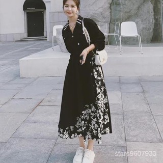 休閒💖連衣裙大碼春秋韓版法式設計感小眾長袖碎花長裙赫本風顯瘦茶歇裙 UHQA