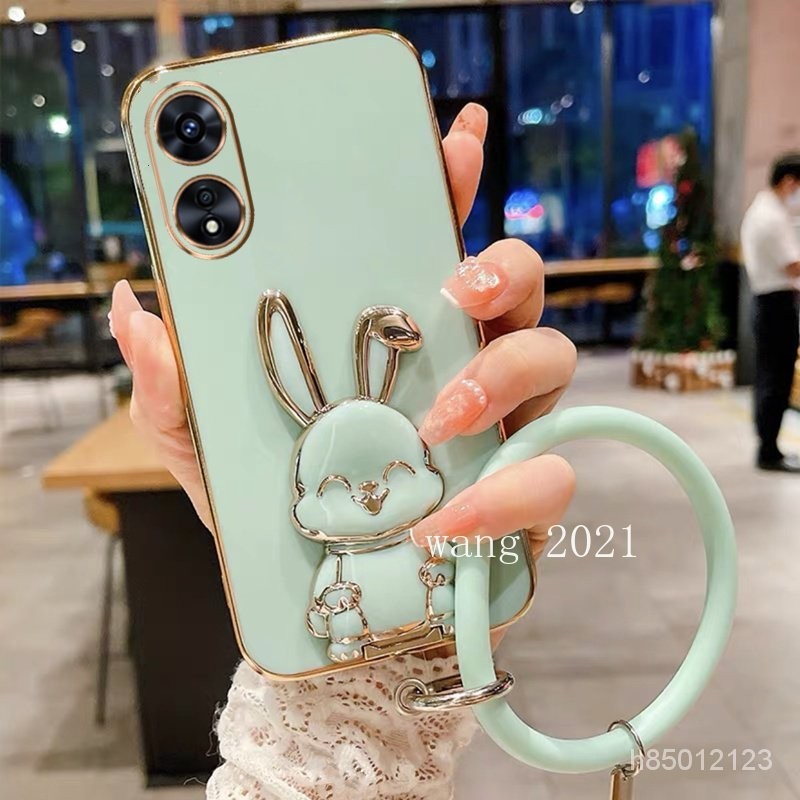 新款 OPPO A98 A78 A57 A77 Reno8 T 5G手機殼時尚可愛兔子支架帶圓形手環電鍍支架軟殼 PUM