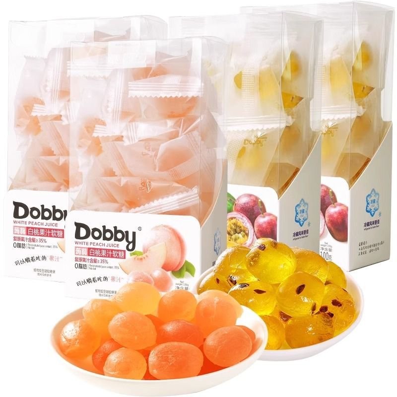 哆比果汁軟糖dobby芒果軟糖盒裝蒟蒻旅行青蛙剝皮椰子糖喜糖白桃